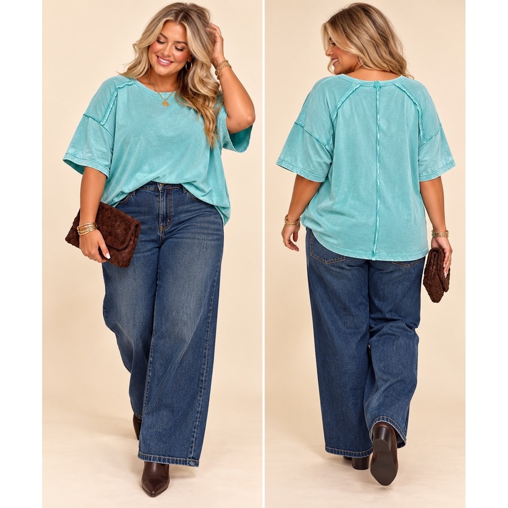 Zenana NWT Coastal Turquoise Acid Wash Cotton Relaxed Casual Tee - 3X